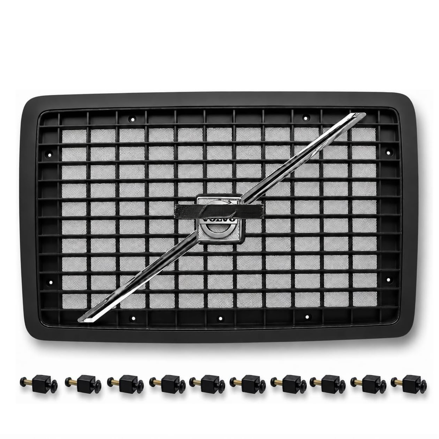 BLACK Hood Grille Fits Volvo VNL (2004-2017)  Includes Bug Screen, Logo, Stripe & Mounting Hardware