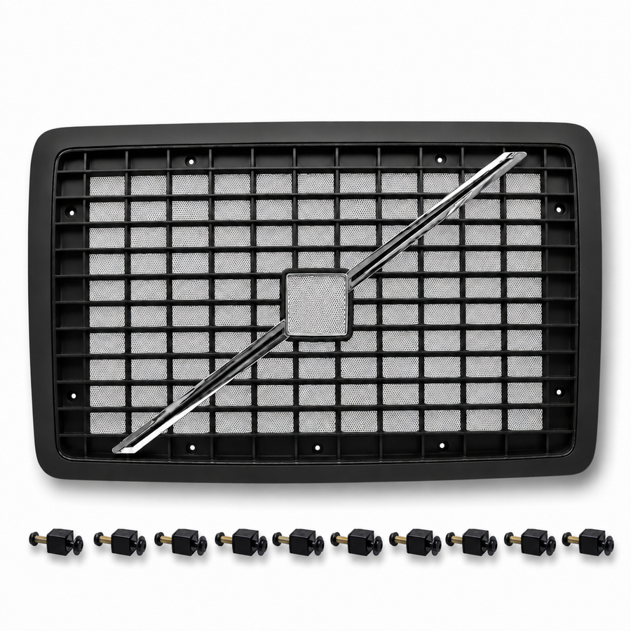 BLACK Hood Grille Fits Volvo VNL (2004-2017)  Includes Bug Screen, Stripe & Mounting Hardware