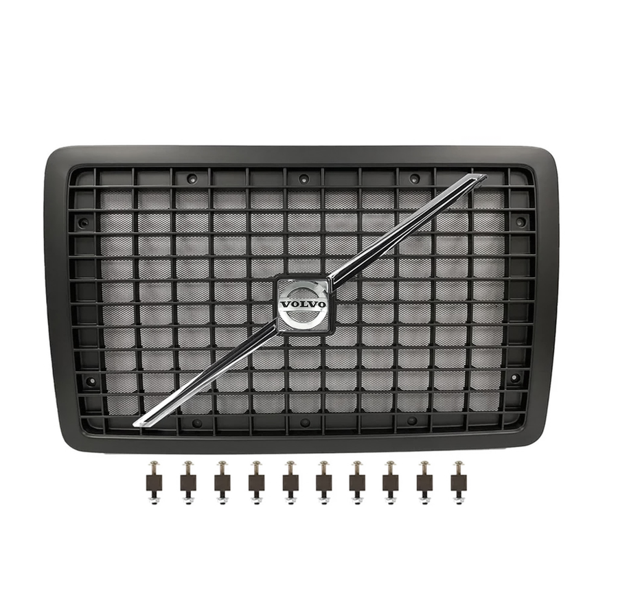 BLACK Hood Grille Fits Volvo VNL (2004-2017)  Includes Bug Screen, Stripe, Logo & Mounting Hardware