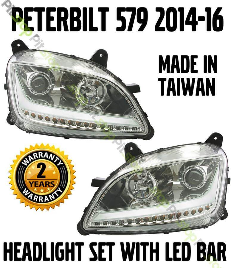 2014 2015 2016 Peterbilt 579 LED Chrome Headlight Replacement Left Right  Pair SET