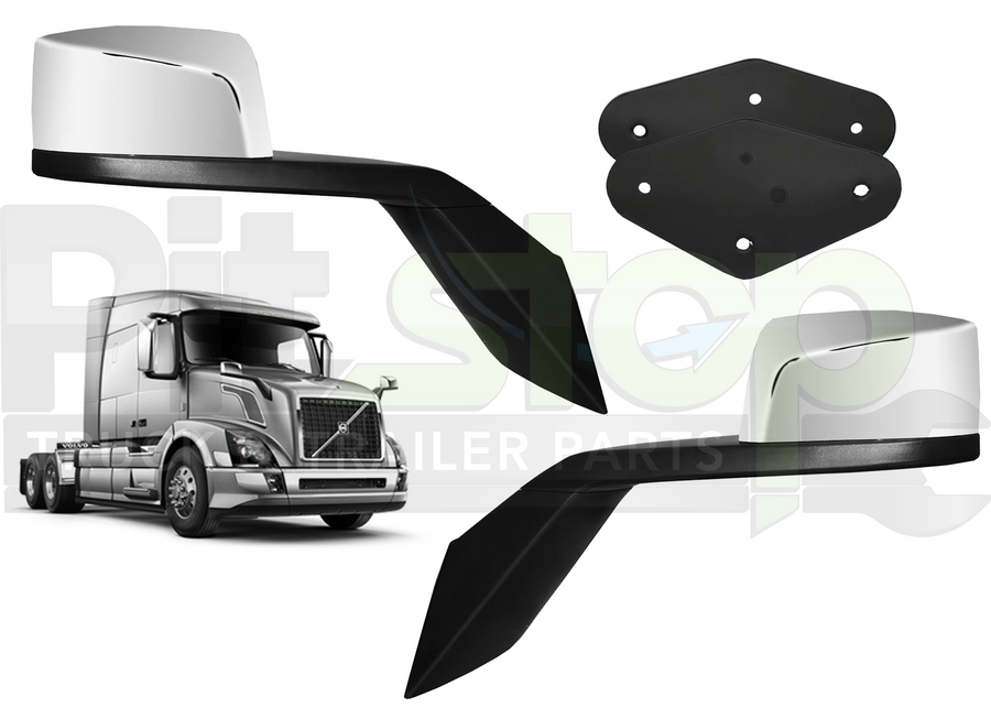 Volvo VNL Chrome Hood Mirror Set Driver & Passenger With Mounting Plates 82361058 & 82361059